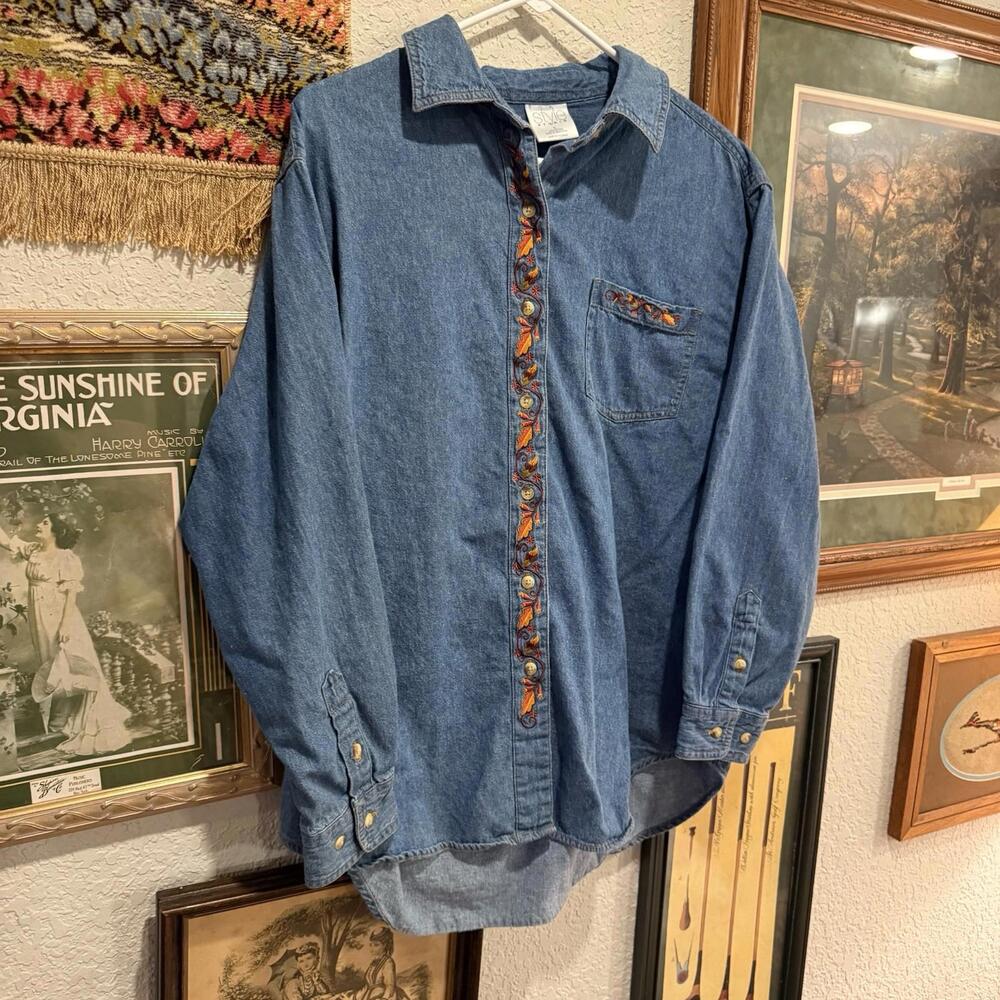 Vintage 90s Style Studio Denim Chambray Fall Pumpkin Autumn Shirt Size Large - Picture 2 of 7